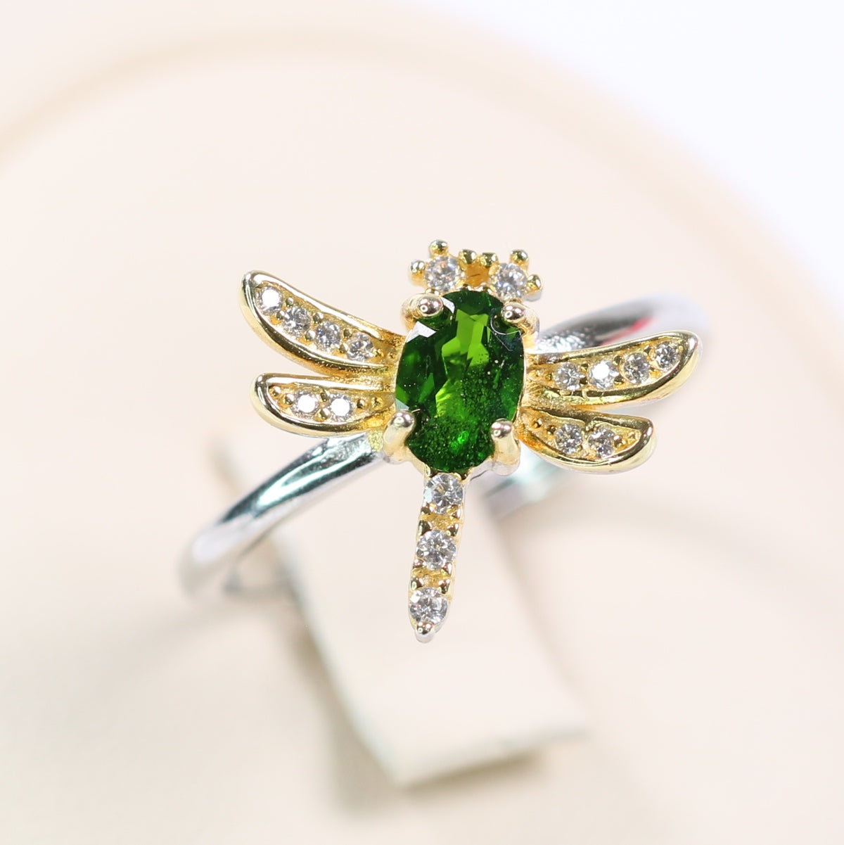 S925 Silver Natural Diopside Ring Dragon Fly setting