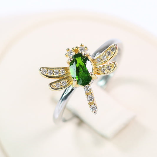 S925 Silver Natural Diopside Ring Dragon Fly setting