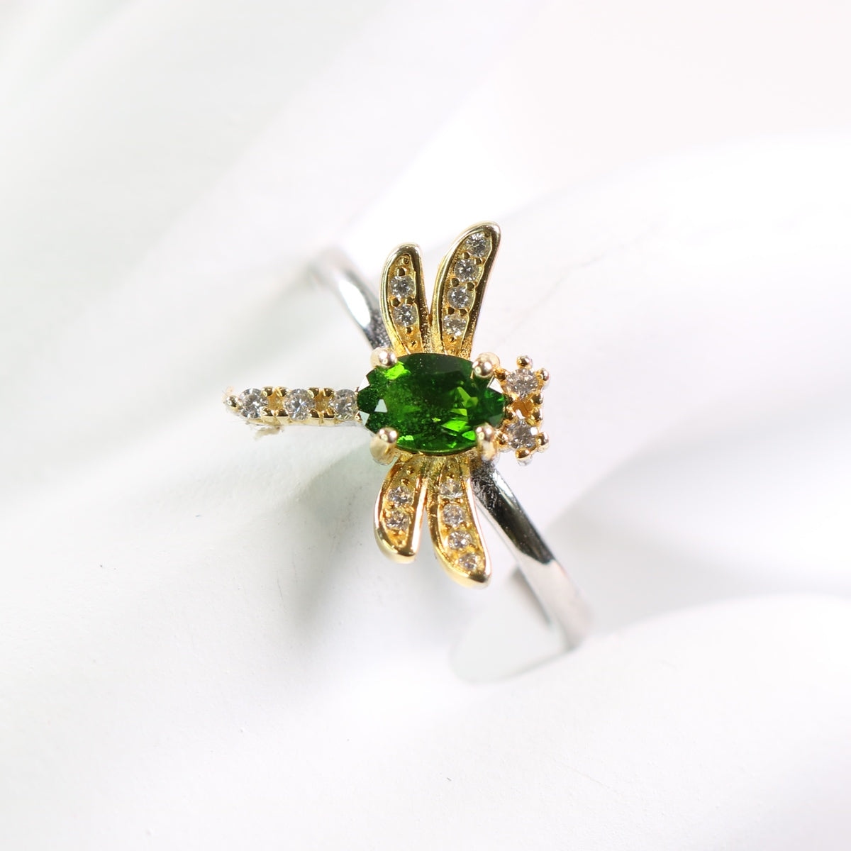 S925 Silver Natural Diopside Ring Dragon Fly setting