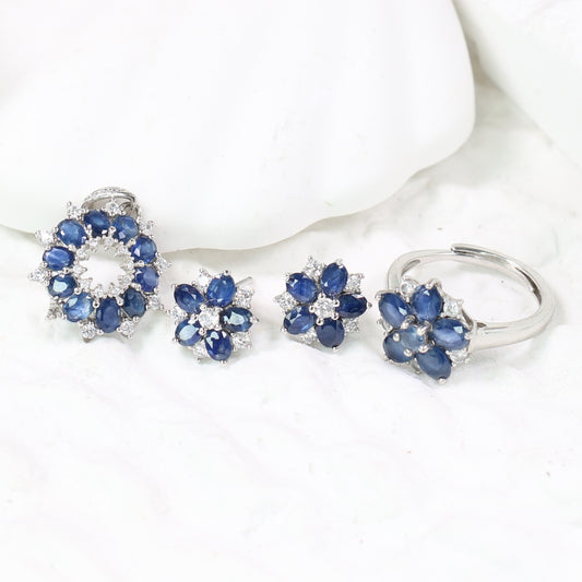 Customize S925 Silver Sri Lanka Sapphire Ring Earring and Pandent Royal Blue