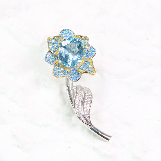 S925 Silver Natural Topaz Brooch