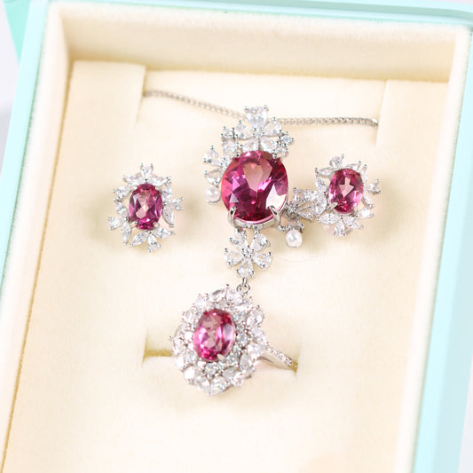 S925 Natural Pink Topaz Ring Earring and Pandent full Setting