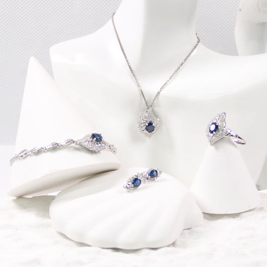 S925 Natural Sapphire Full Necklace Ring Bracelet and ear stud full set