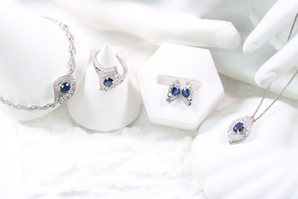 S925 Natural Sapphire Full Necklace Ring Bracelet and ear stud full set