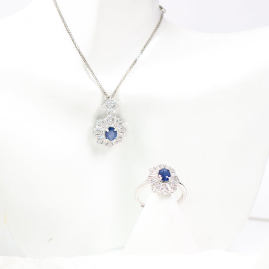 S925 Silver Natural Sapphire Necklace and ring set