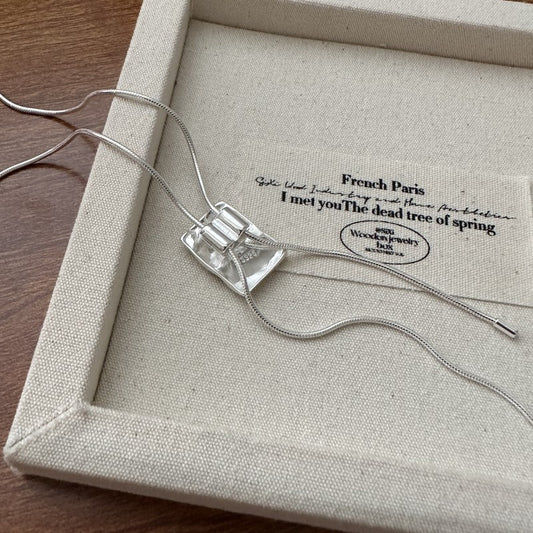 S925 Sterling Silver Adjustable Square Pendant Sweater Necklace – Minimalist Korean INS Blogger Style Long Chain